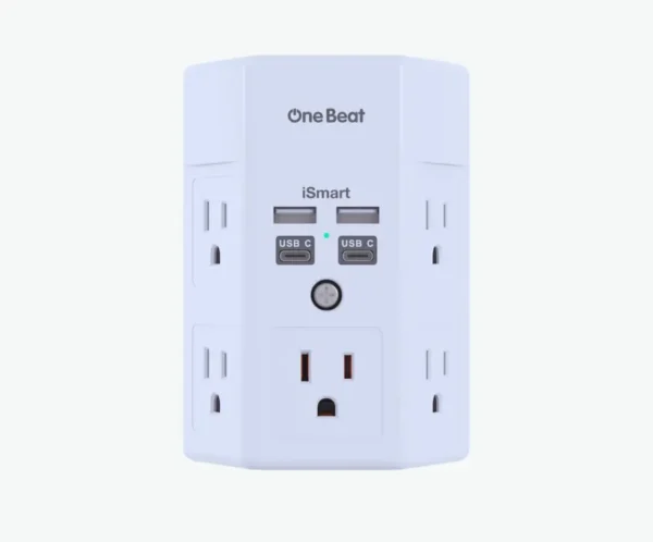 Tira de alimentación múltiple de 3 lados, protector de sobretensiones, extensor de 5 tomas, 4 puertos USB (USB C), cargador de montaje en pared, adaptador divisor de salida para el hogar, viajes, oficina, certificación ETL, color blanco
